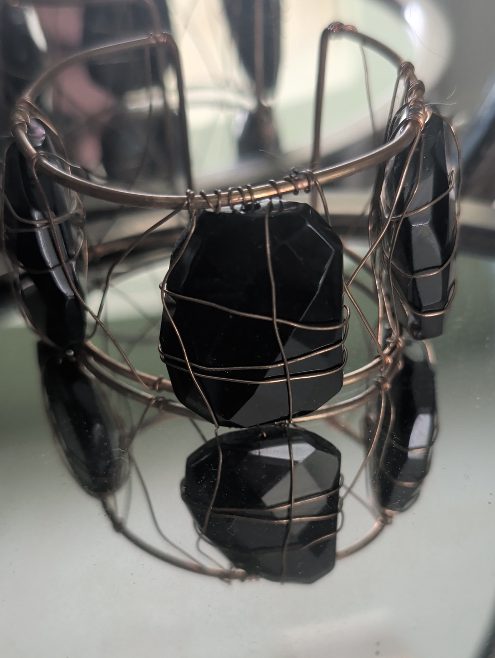 Black Wire-Wrapped Stone Cuff Bracelet